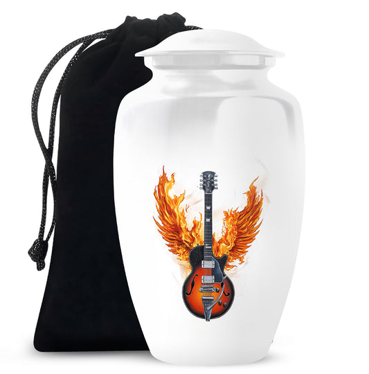 White flaming Guitar Urn - Beautiful Cremation Urns For Human Ashes