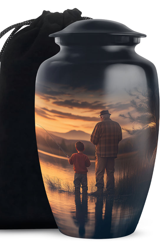 Father & Son Fishing Funeral Urn - Sunset Lake Memorial Urn For Dad