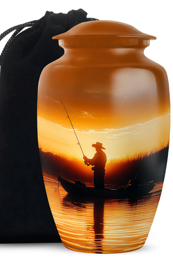 Fisherman Sunset Memorial Urn - Aluminum Cremation Urn For Burial
