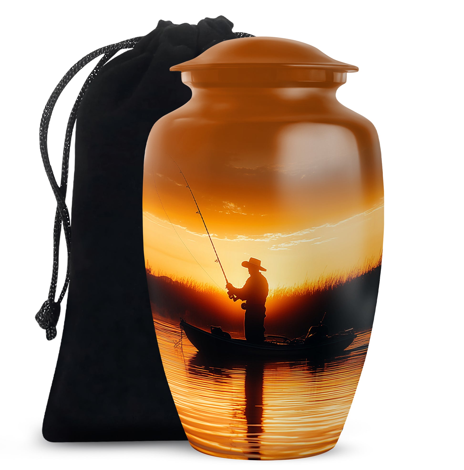 Fisherman Sunset Memorial Urn - Aluminum Cremation Urn For Burial