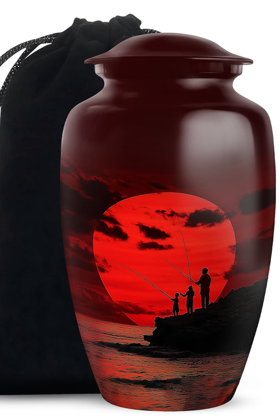 Family Fishing Memorial Urn - Red Sunset Funeral Urn For Loved Ones