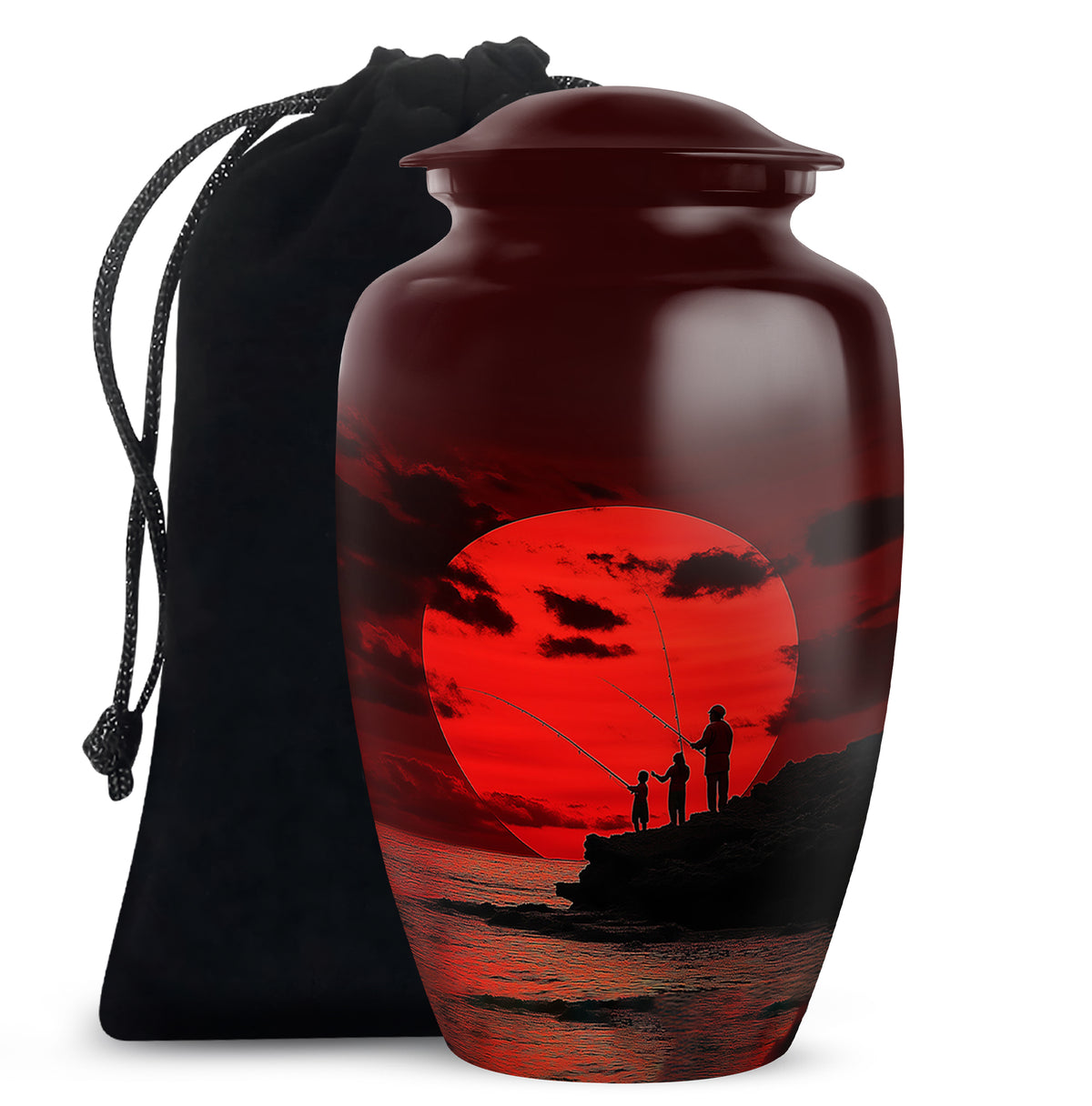 Family Fishing Memorial Urn - Red Sunset Funeral Urn For Loved Ones