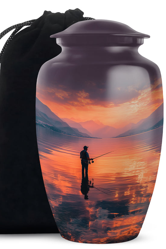 Peaceful Fishing Cremation Urn - Sunset Lake Memorial Urn For Human Ashes