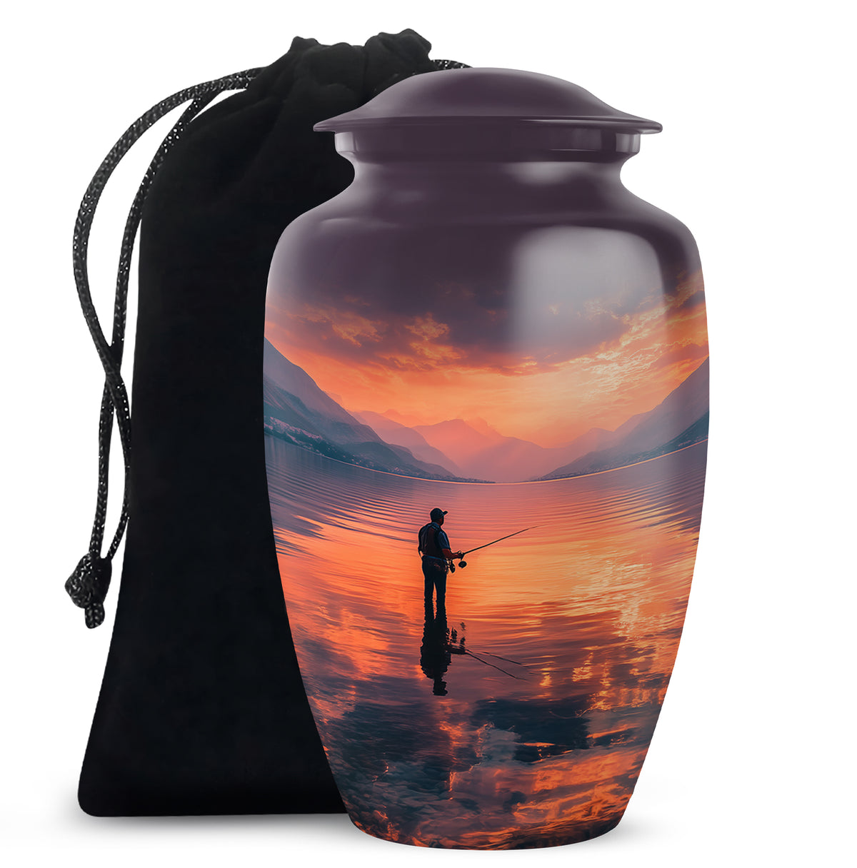 Peaceful Fishing Cremation Urn - Sunset Lake Memorial Urn For Human Ashes