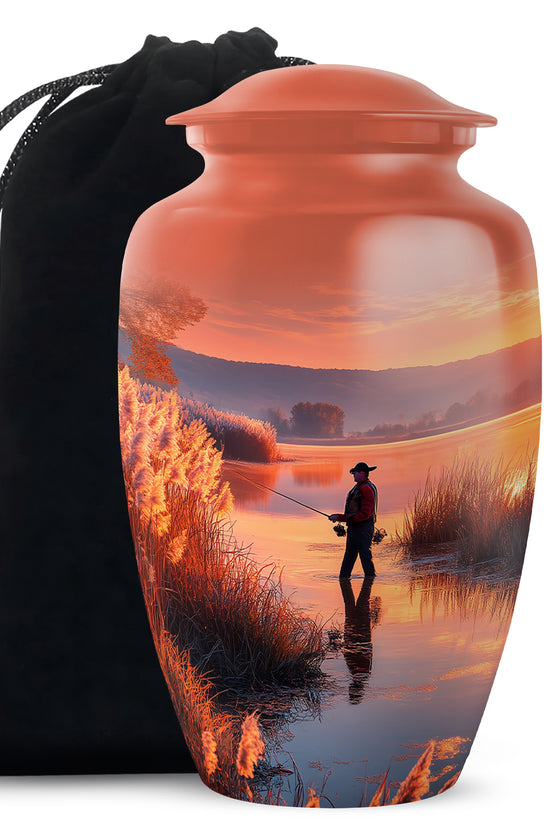 Farm Fishing Funeral Urn - Golden Sunset Cremation Urn For Burial