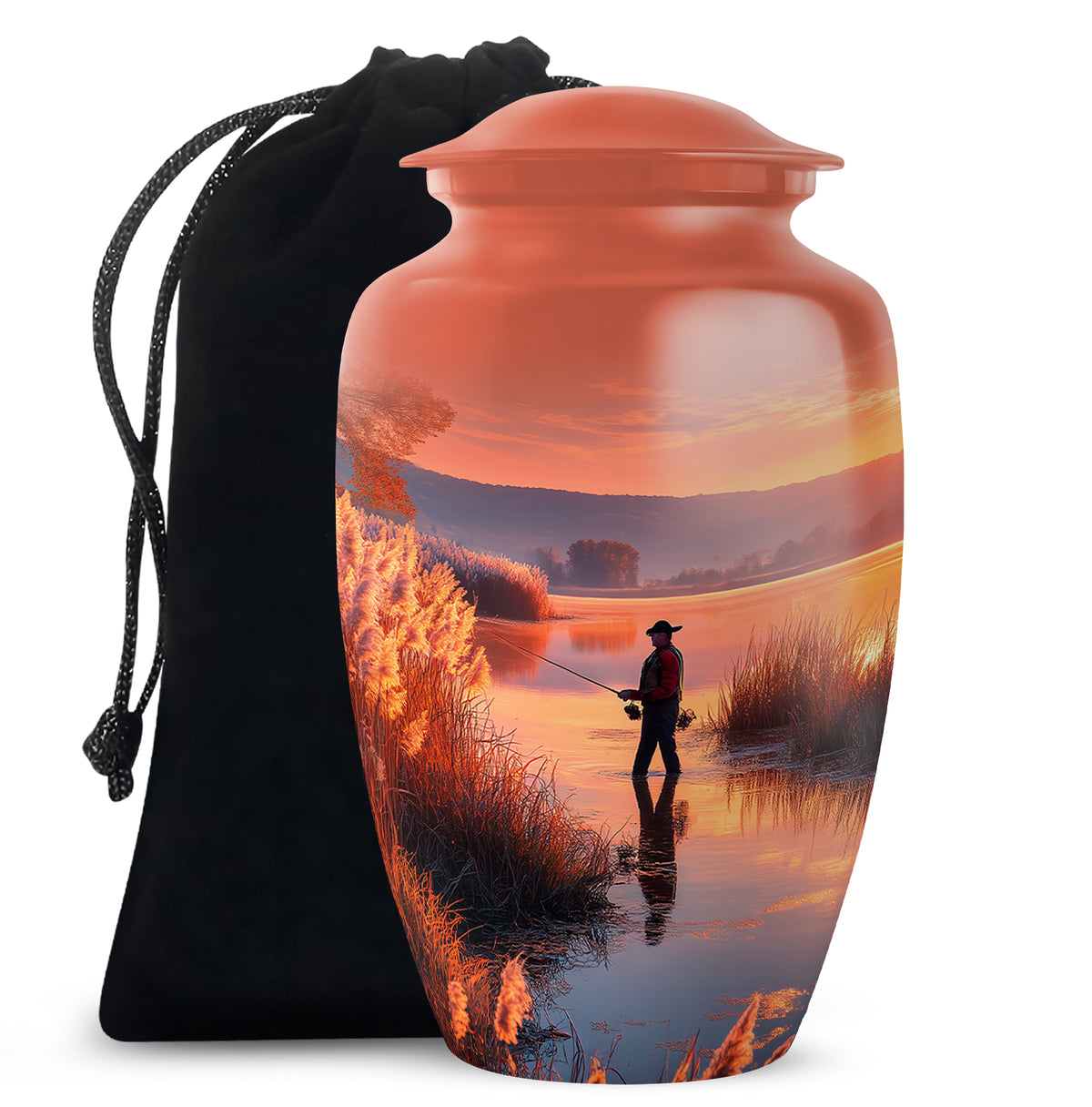 Farm Fishing Funeral Urn - Golden Sunset Cremation Urn For Burial