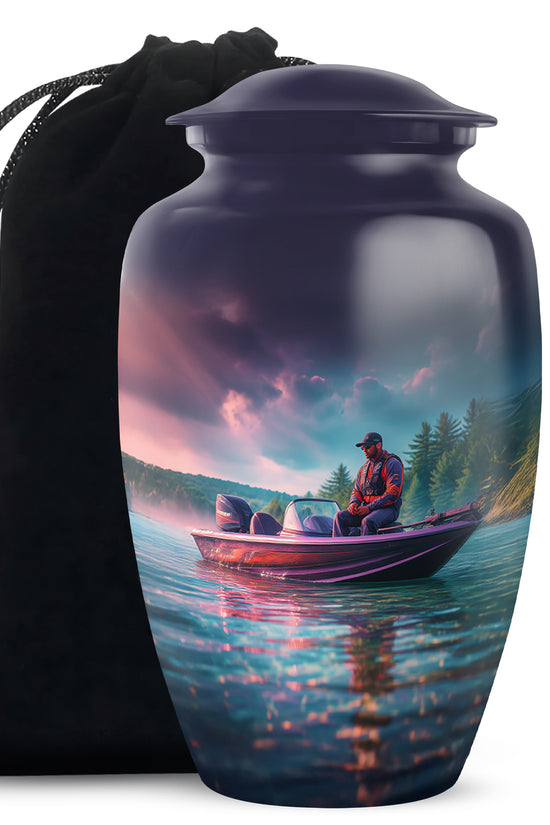 Fishing Boat Funeral Urn - Peaceful Lake Memorial Urn For Adult Ashes