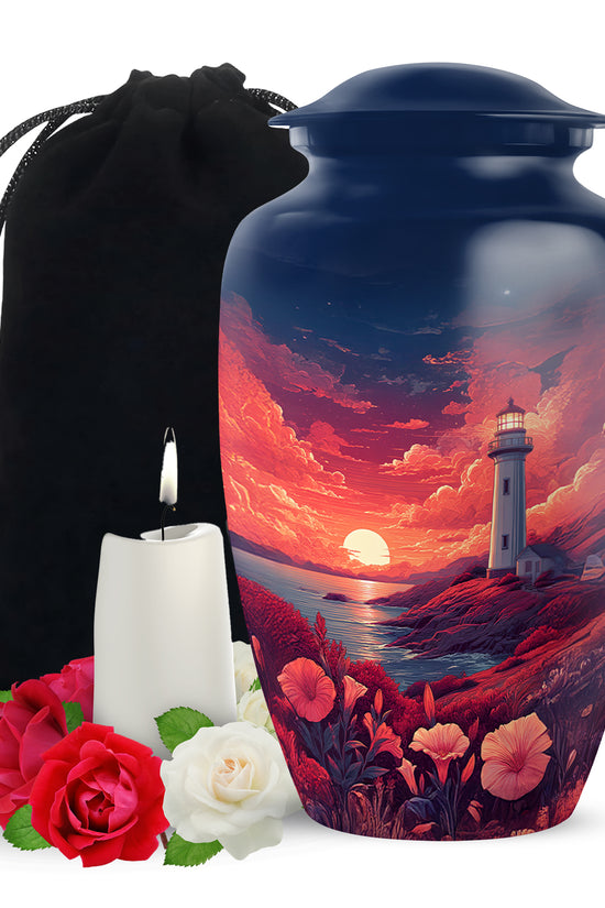 Red Sunset Ocean Lighthouse Urn - Beautiful Memorial Urn For Loved Ones