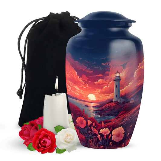 Red Sunset Ocean Lighthouse Urn - Beautiful Memorial Urn For Loved Ones