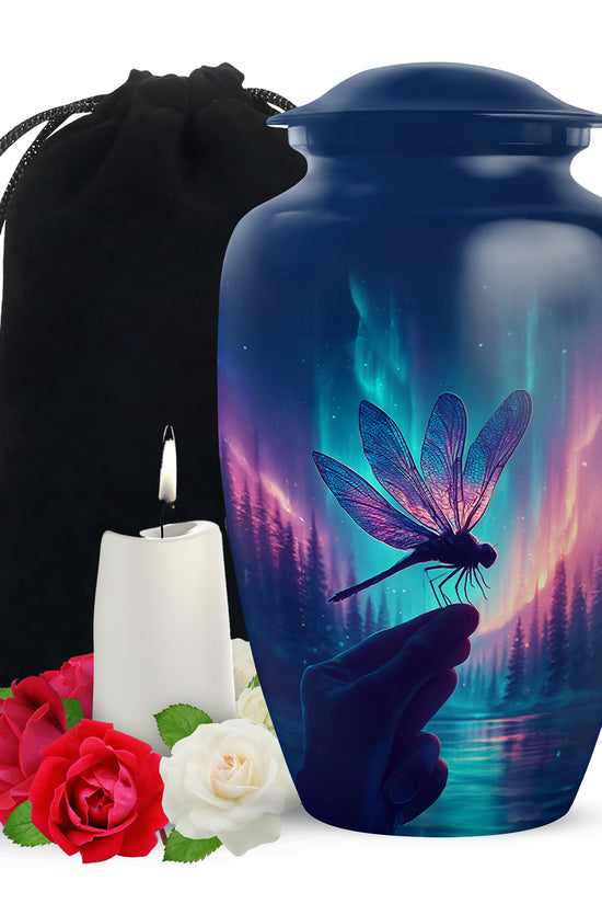 Northern Lights Dragonfly Memorial Urn - Artistic Cremation Urn For Human Ashes