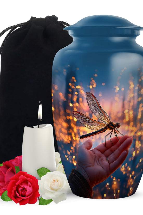 Golden Dragonfly Funeral Urn -Navy Blue Memorial Urn For Mother & Father