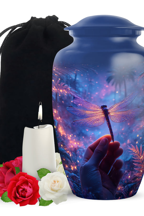 Neon Dragonfly Cremation Urn - Glowing Forest Memorial Urn For Adult Ashes