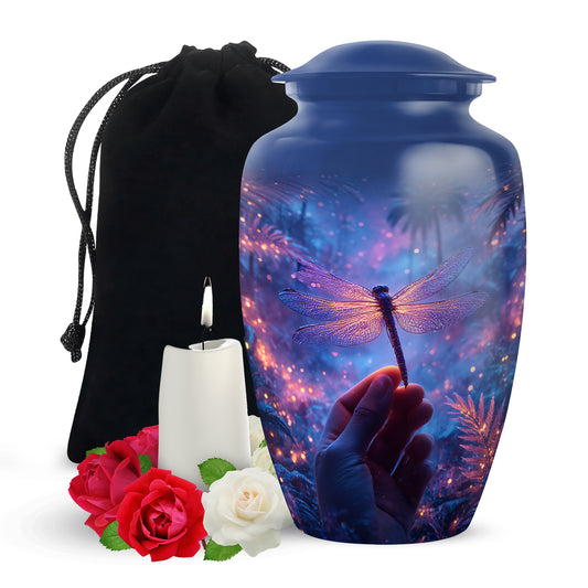 Neon Dragonfly Cremation Urn - Glowing Forest Memorial Urn For Adult Ashes