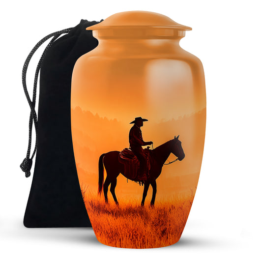 Sunset Cowboy Silhouette Urn - Orange Memorial Urn For Human Ashes