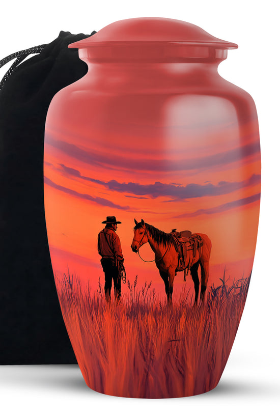 Cowboy Horse Field Memorial Urn - Sunset Cremation Urn For Dad Ashes