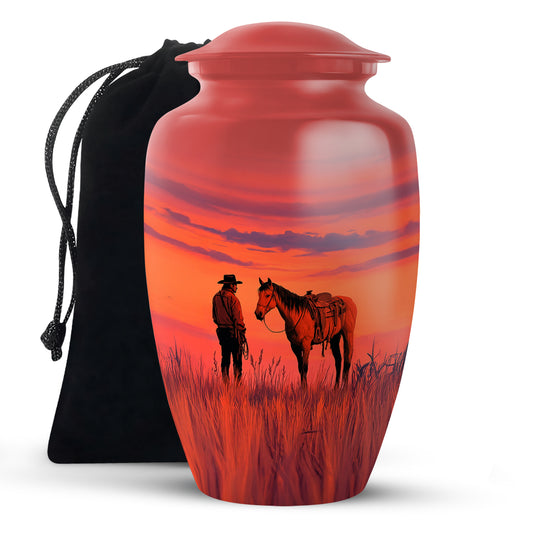 Cowboy Horse Field Memorial Urn - Sunset Cremation Urn For Dad Ashes