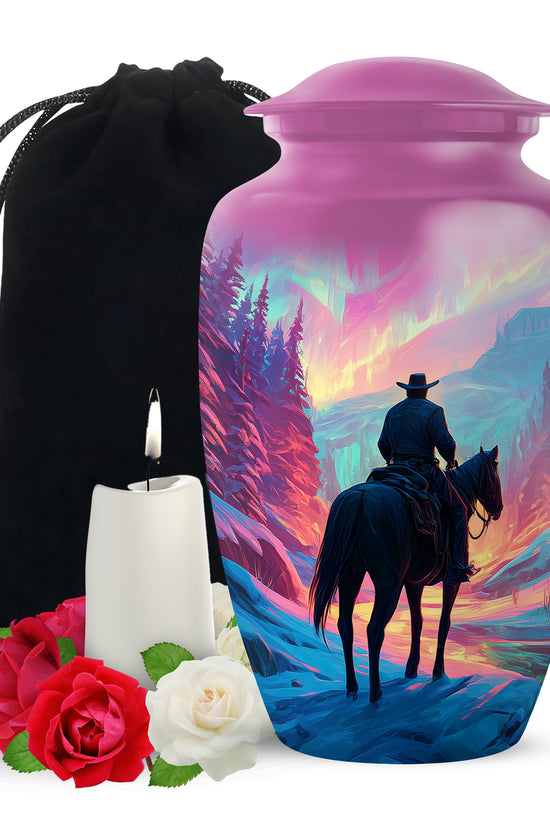Colorful Cowboy Landscape Funeral Urn - Artistic Cowboy Cremation Urn For Men
