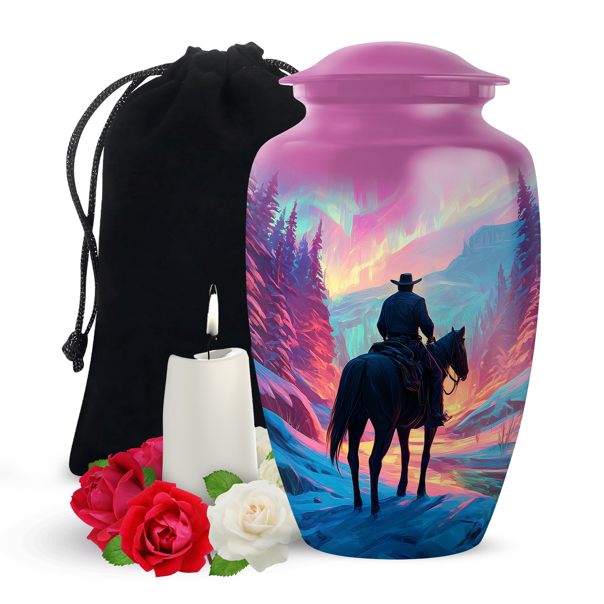 Colorful Cowboy Landscape Funeral Urn - Artistic Cowboy Cremation Urn For Men