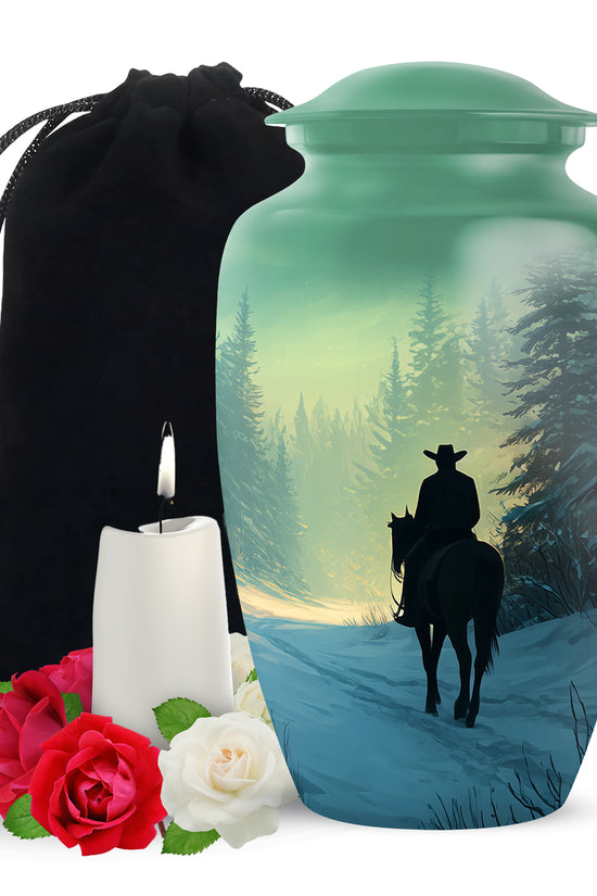 Cowboy in Snow Urn - Beautiful Sunrise Cremation Urns For Human Ashes