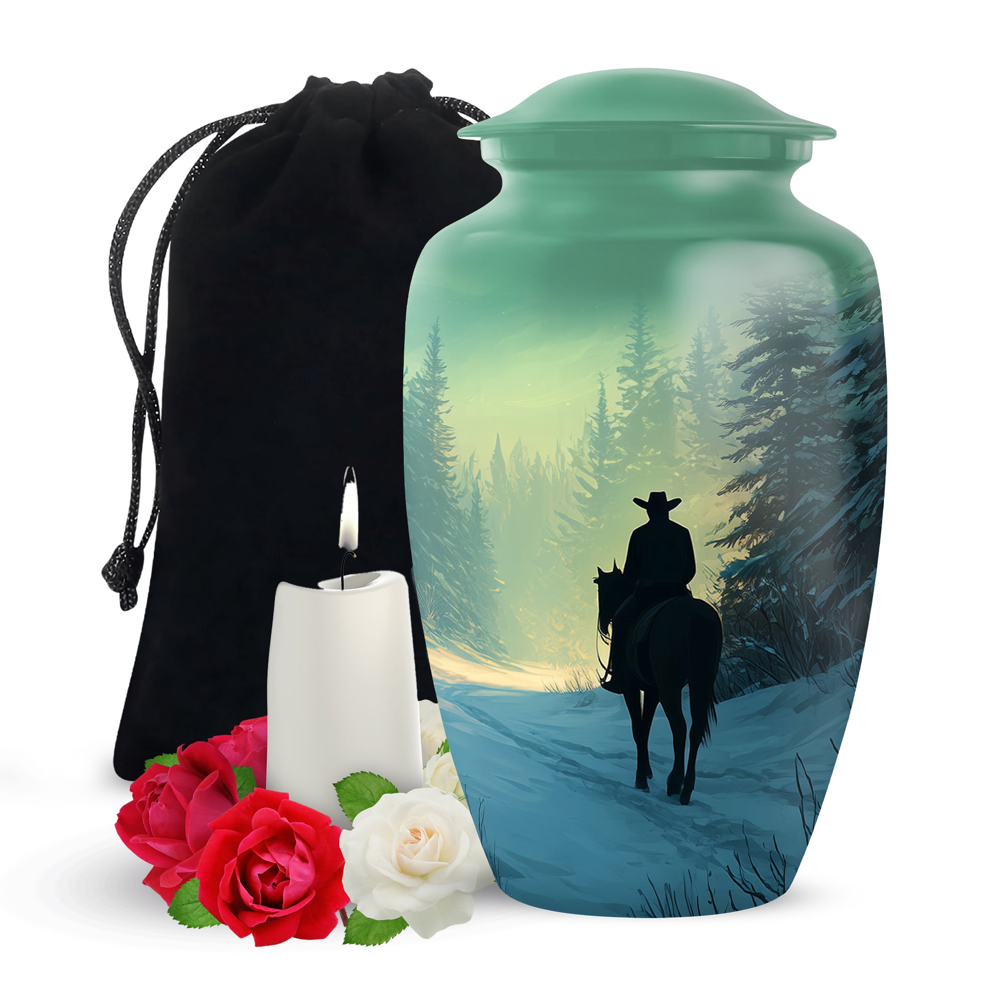 Cowboy in Snow Urn - Beautiful Sunrise Cremation Urns For Human Ashes
