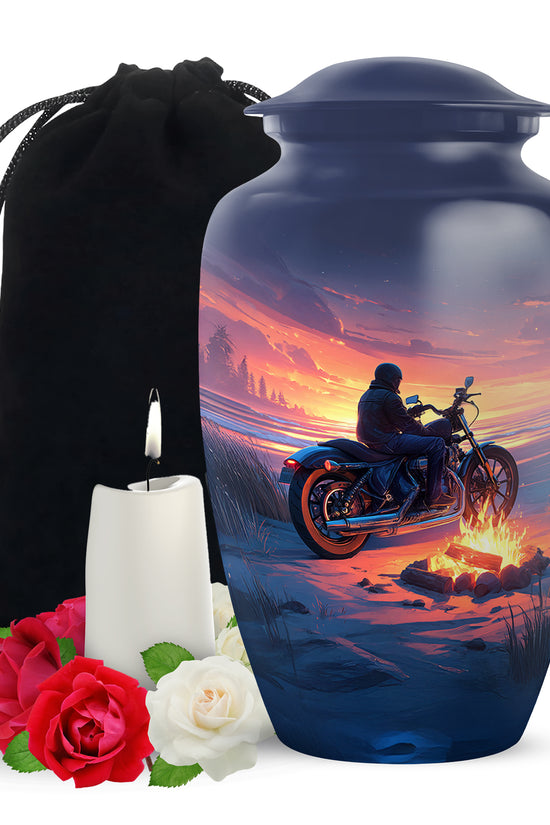 Sunset Motorcycle Rider Cremation Urn - Bonfire Funeral Urn For Loved Ones