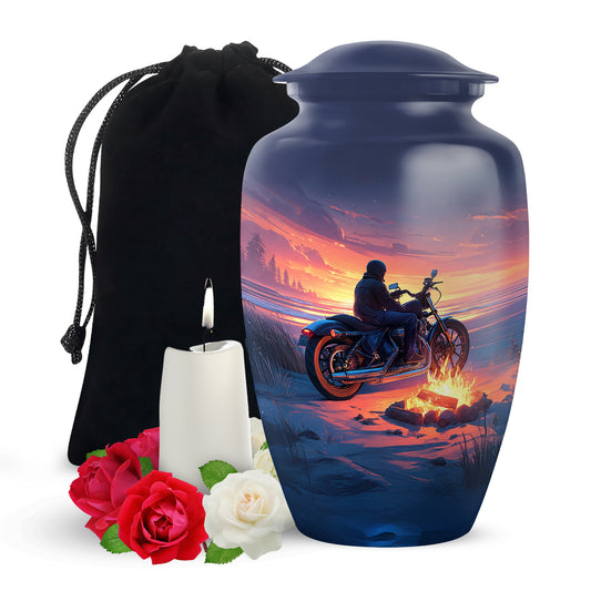 Sunset Motorcycle Rider Cremation Urn - Bonfire Funeral Urn For Loved Ones
