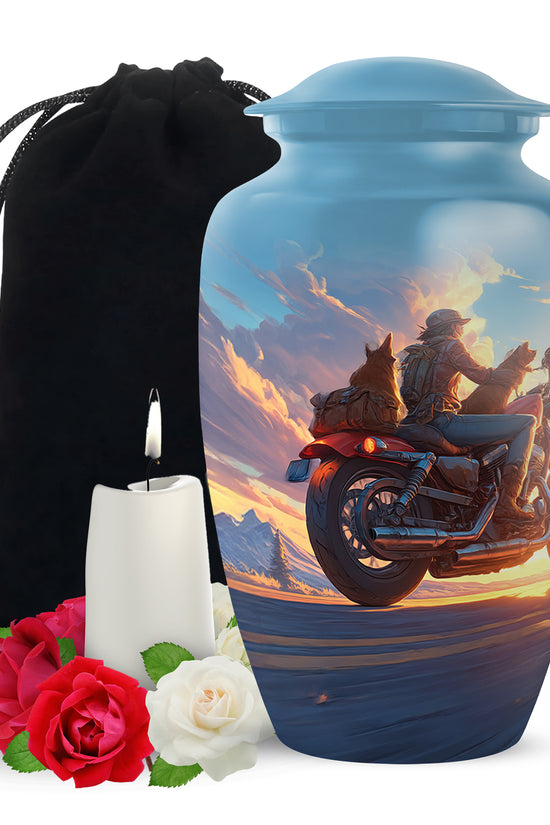 Sunset Bike Ride Memorial Urn - Beautiful Mountain Funeral Urn For Men