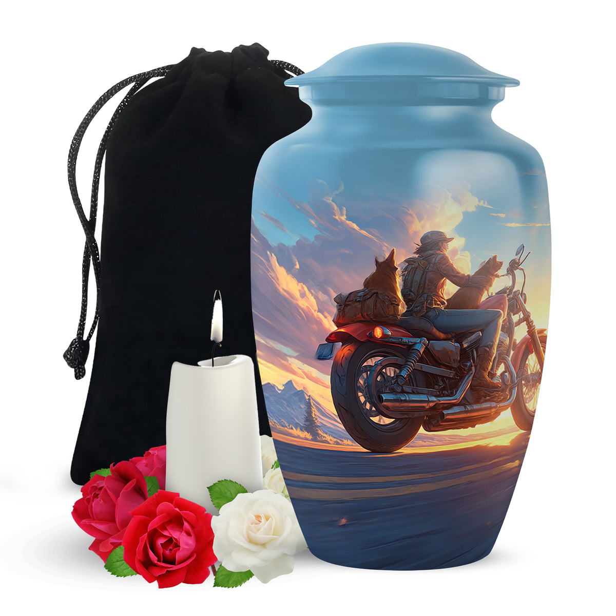Sunset Bike Ride Memorial Urn - Beautiful Mountain Funeral Urn For Men