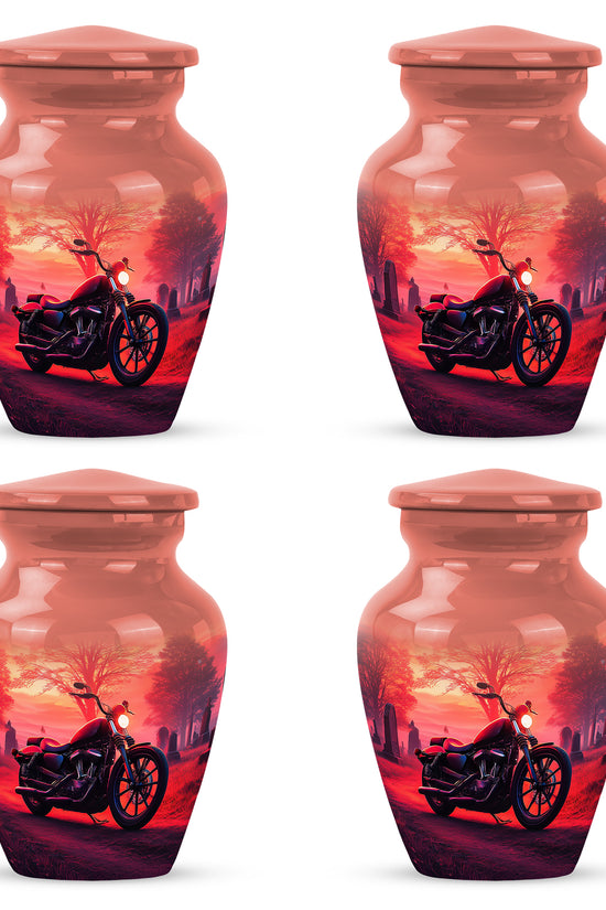 Cherry Red Bike Cremation Urn side profile showing urn shape - elegant classic bike relief with fine detailing - 10 inch aluminum urn for cremated remains