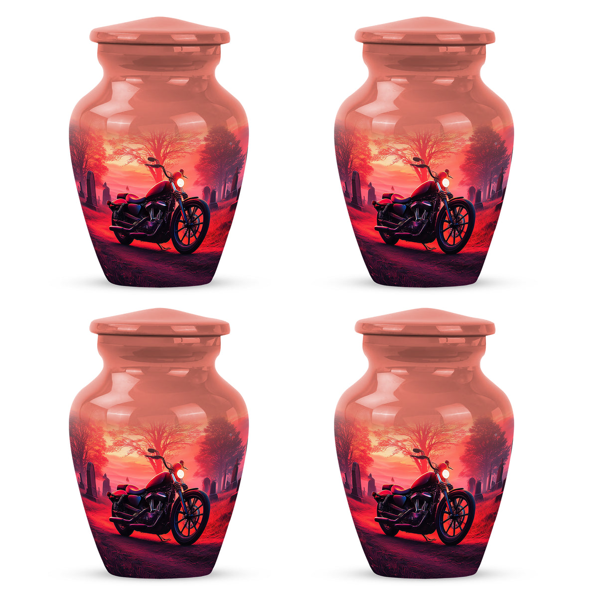 Cherry Red Bike Cremation Urn side profile showing urn shape - elegant classic bike relief with fine detailing - 10 inch aluminum urn for cremated remains