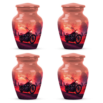 Cherry Red Bike Cremation Urn side profile showing urn shape - elegant classic bike relief with fine detailing - 10 inch aluminum urn for cremated remains