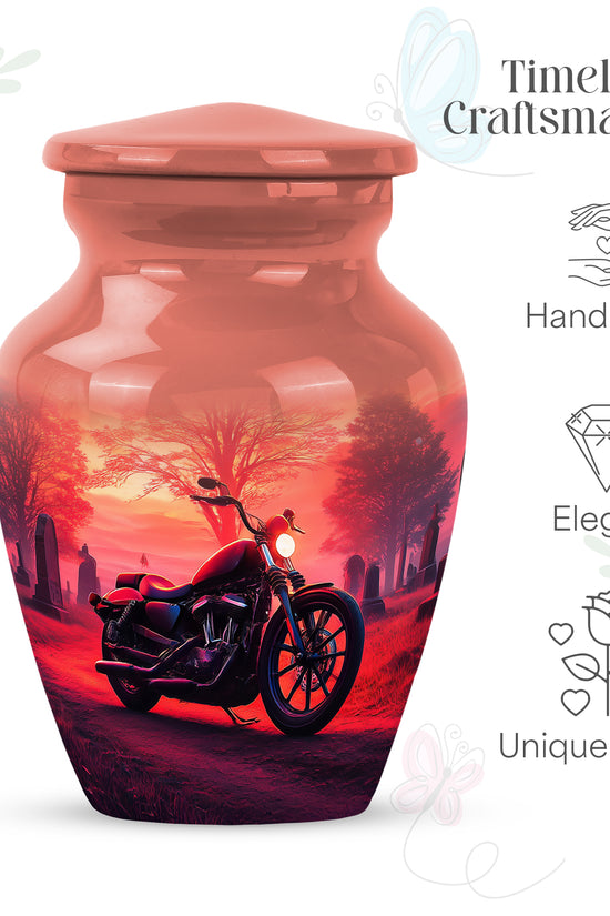 Deep Red Bike Cremation Urn close-up of engraving and surface detail - timeless bike motif etched into premium metal - mini keepsake memorial for portion of cremation ashes