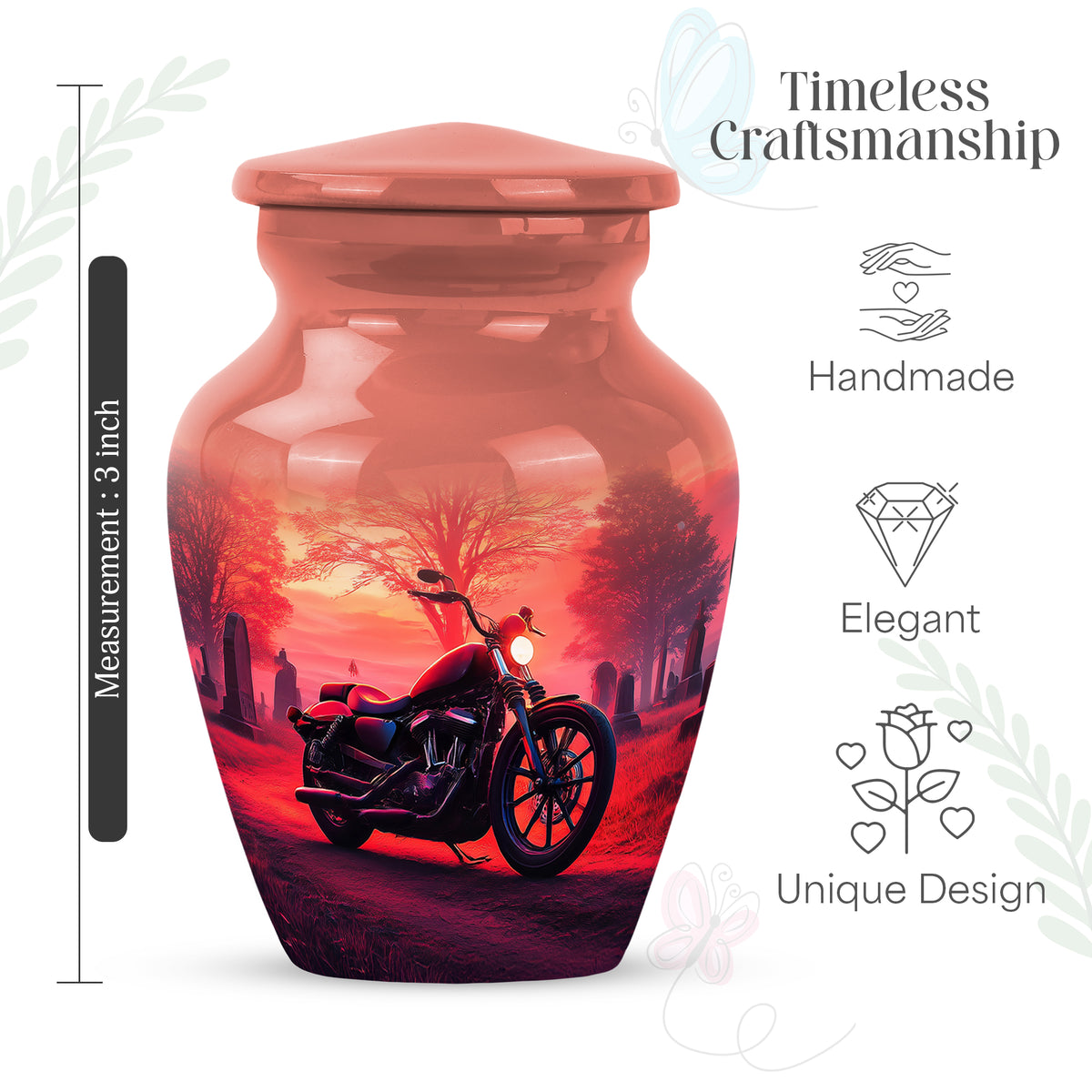 Deep Red Bike Cremation Urn close-up of engraving and surface detail - timeless bike motif etched into premium metal - mini keepsake memorial for portion of cremation ashes