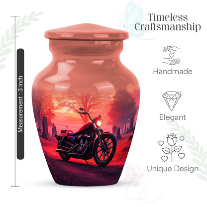 Deep Red Bike Cremation Urn close-up of engraving and surface detail - timeless bike motif etched into premium metal - mini keepsake memorial for portion of cremation ashes
