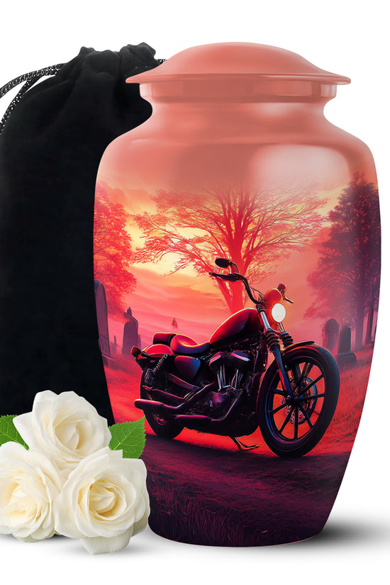 Ruby Red Bike Cremation Urn angled view of lid and engraved motif - elegant classic bike relief with fine detailing - full-size 10 inch 200 cubic inch adult cremation urn
