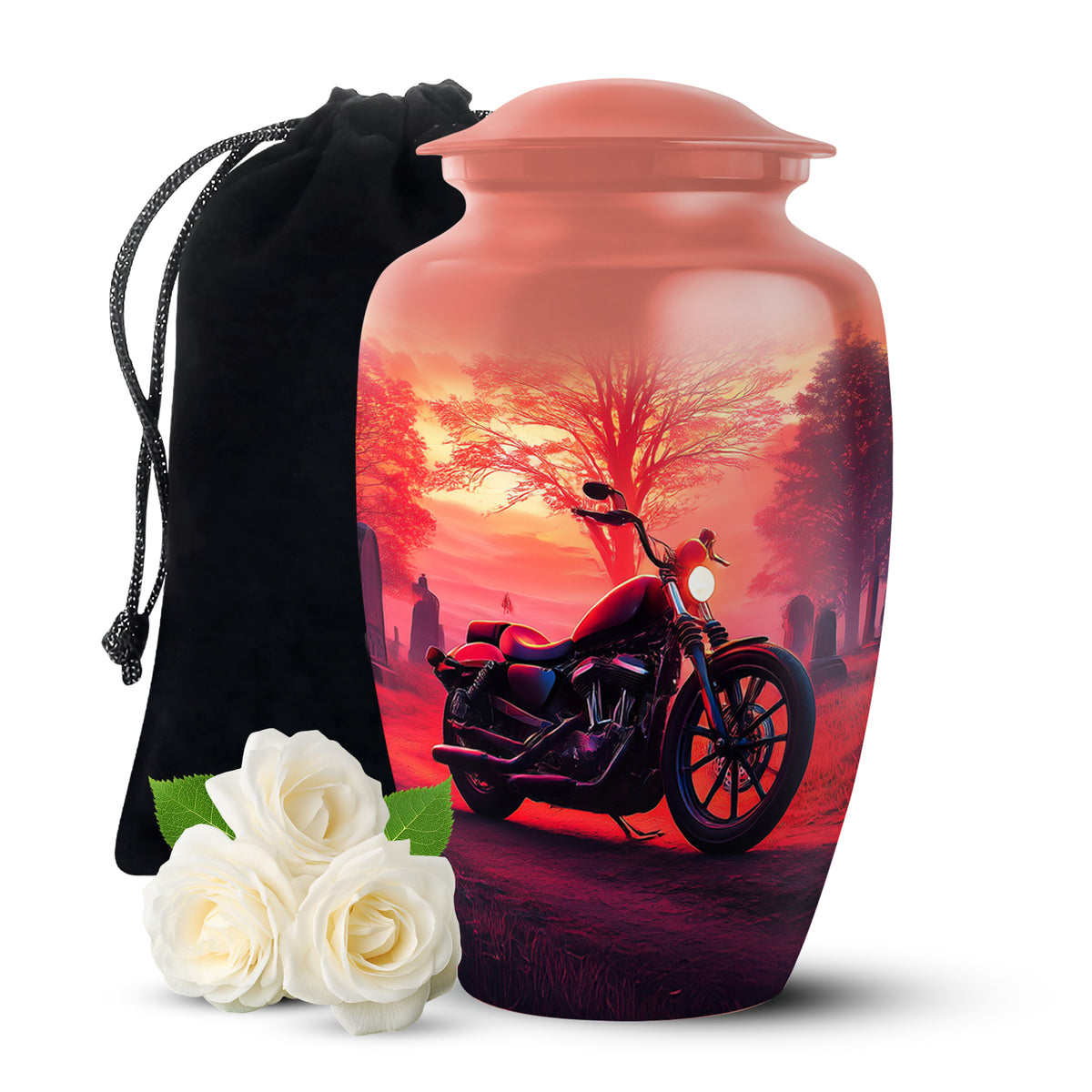 Ruby Red Bike Cremation Urn angled view of lid and engraved motif - elegant classic bike relief with fine detailing - full-size 10 inch 200 cubic inch adult cremation urn