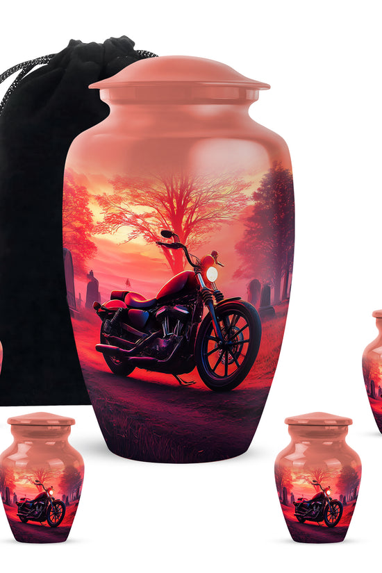 Fiery Red Bike Cremation Urn top-down view of secure threaded lid - elegant classic bike relief with fine detailing - memorial set with one large and four small urns