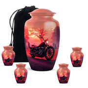 Fiery Red Bike Cremation Urn top-down view of secure threaded lid - elegant classic bike relief with fine detailing - memorial set with one large and four small urns