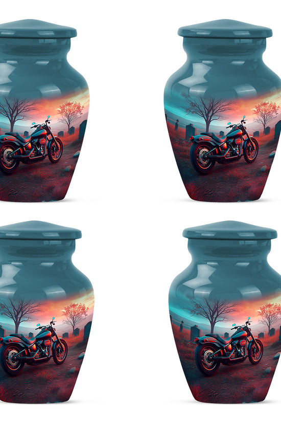 Aqua Teal Bike Cremation Urn side profile showing urn shape - traditional bike engraving with hand-polished finish - 10 inch aluminum urn for cremated remains
