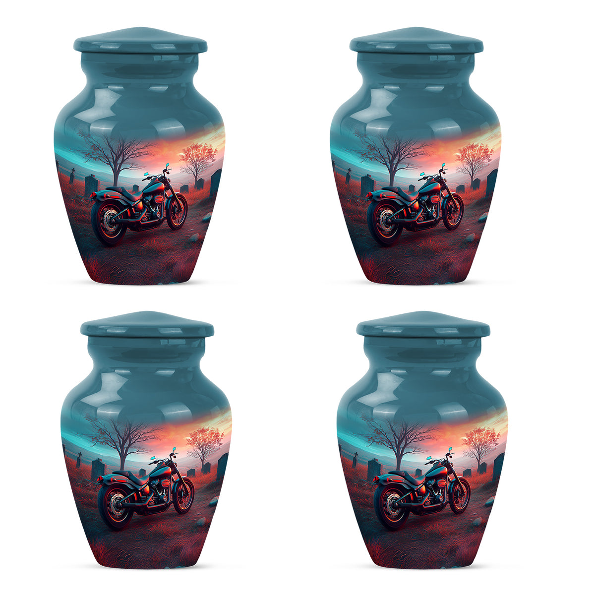 Aqua Teal Bike Cremation Urn side profile showing urn shape - traditional bike engraving with hand-polished finish - 10 inch aluminum urn for cremated remains