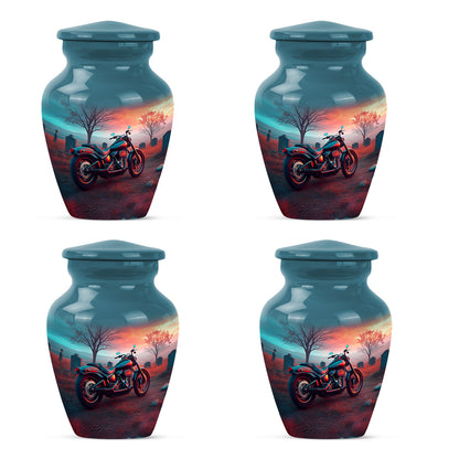 Aqua Teal Bike Cremation Urn side profile showing urn shape - traditional bike engraving with hand-polished finish - 10 inch aluminum urn for cremated remains