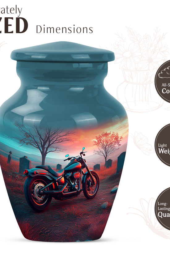 Jewel Teal Bike Cremation Urn close-up of engraving and surface detail - timeless bike motif etched into premium metal - mini keepsake memorial for portion of cremation ashes