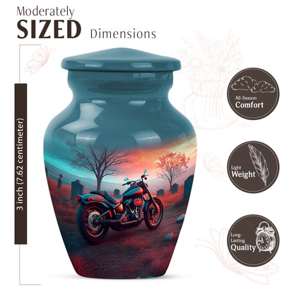 Jewel Teal Bike Cremation Urn close-up of engraving and surface detail - timeless bike motif etched into premium metal - mini keepsake memorial for portion of cremation ashes