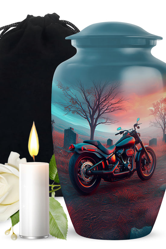 Aqua Teal Bike Cremation Urn angled view of lid and engraved motif - traditional bike engraving with hand-polished finish - full-size 10 inch 200 cubic inch adult cremation urn
