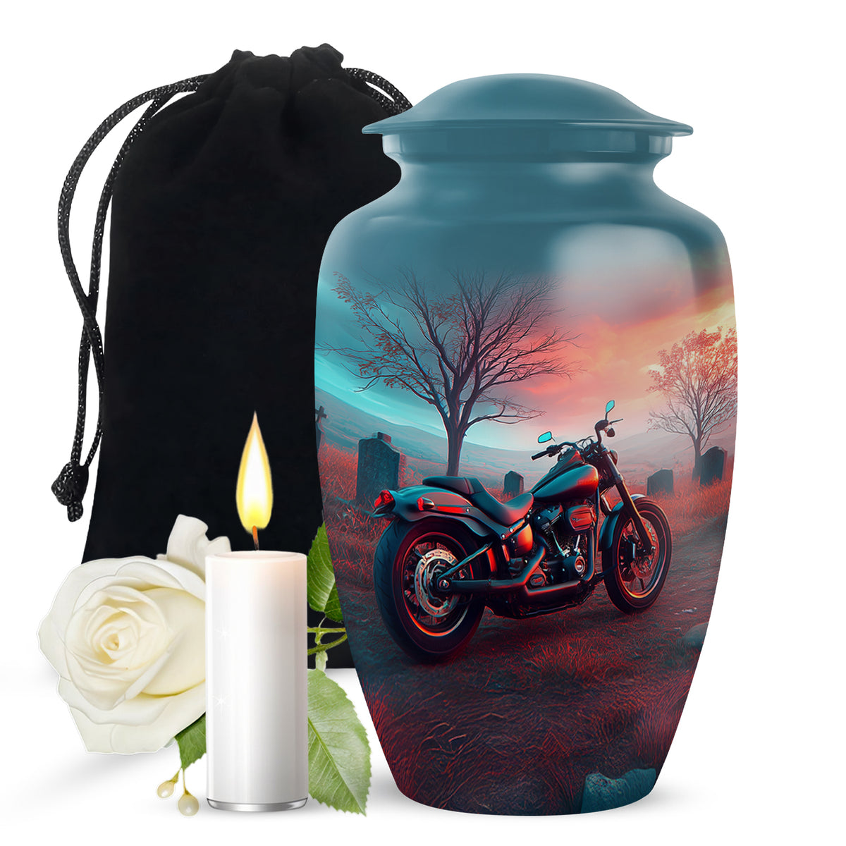 Aqua Teal Bike Cremation Urn angled view of lid and engraved motif - traditional bike engraving with hand-polished finish - full-size 10 inch 200 cubic inch adult cremation urn