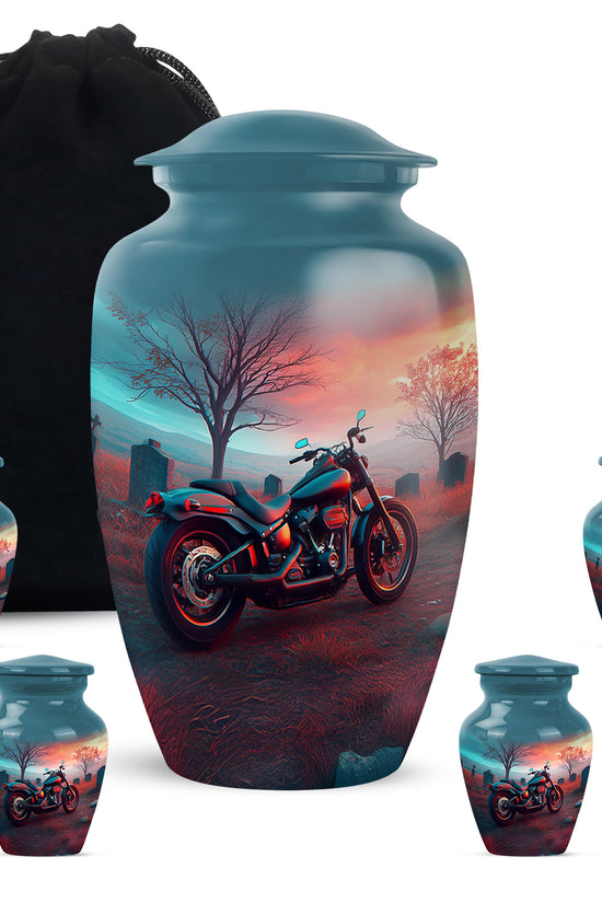 Tropical Teal Bike Cremation Urn top-down view of secure threaded lid - traditional bike engraving with hand-polished finish - memorial set with one large and four small urns