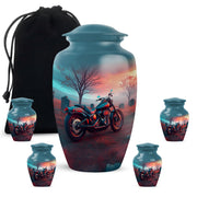 Tropical Teal Bike Cremation Urn top-down view of secure threaded lid - traditional bike engraving with hand-polished finish - memorial set with one large and four small urns
