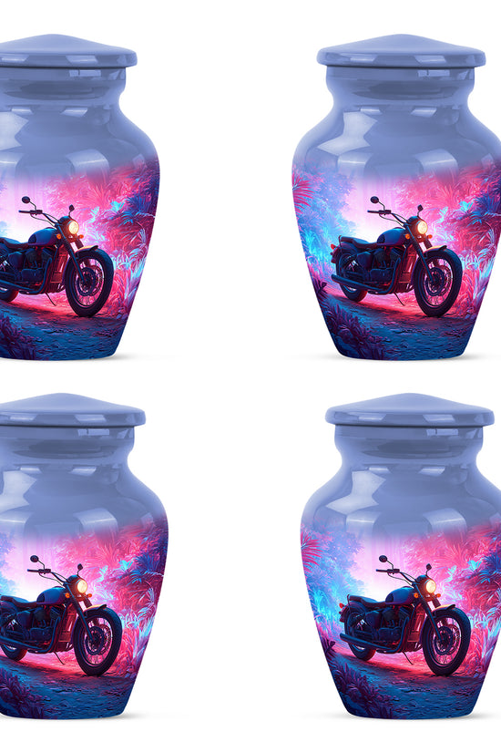Vivid Blue Bike Cremation Urn side profile showing urn shape - elegant classic bike relief with fine detailing - 10 inch aluminum urn for cremated remains