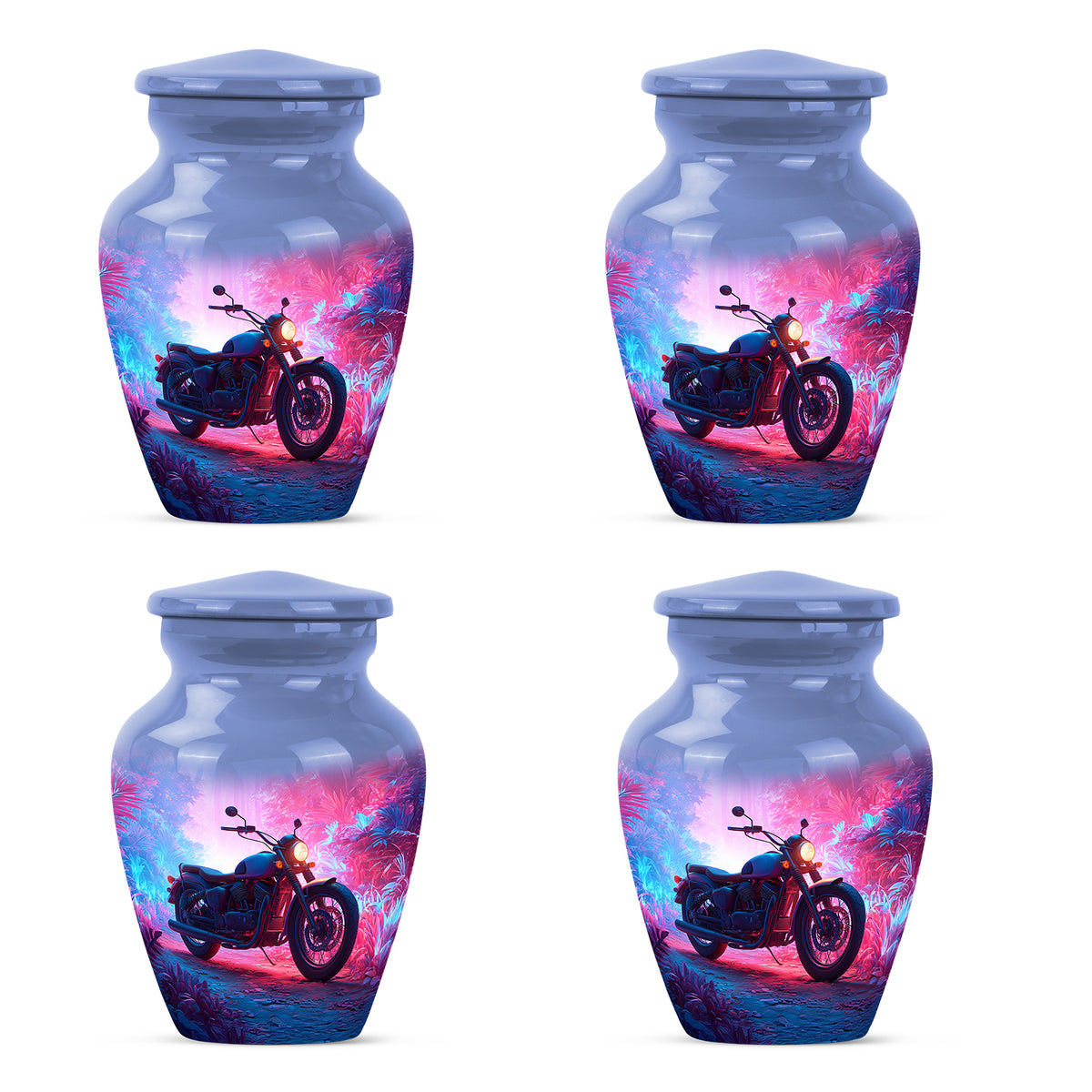 Vivid Blue Bike Cremation Urn side profile showing urn shape - elegant classic bike relief with fine detailing - 10 inch aluminum urn for cremated remains