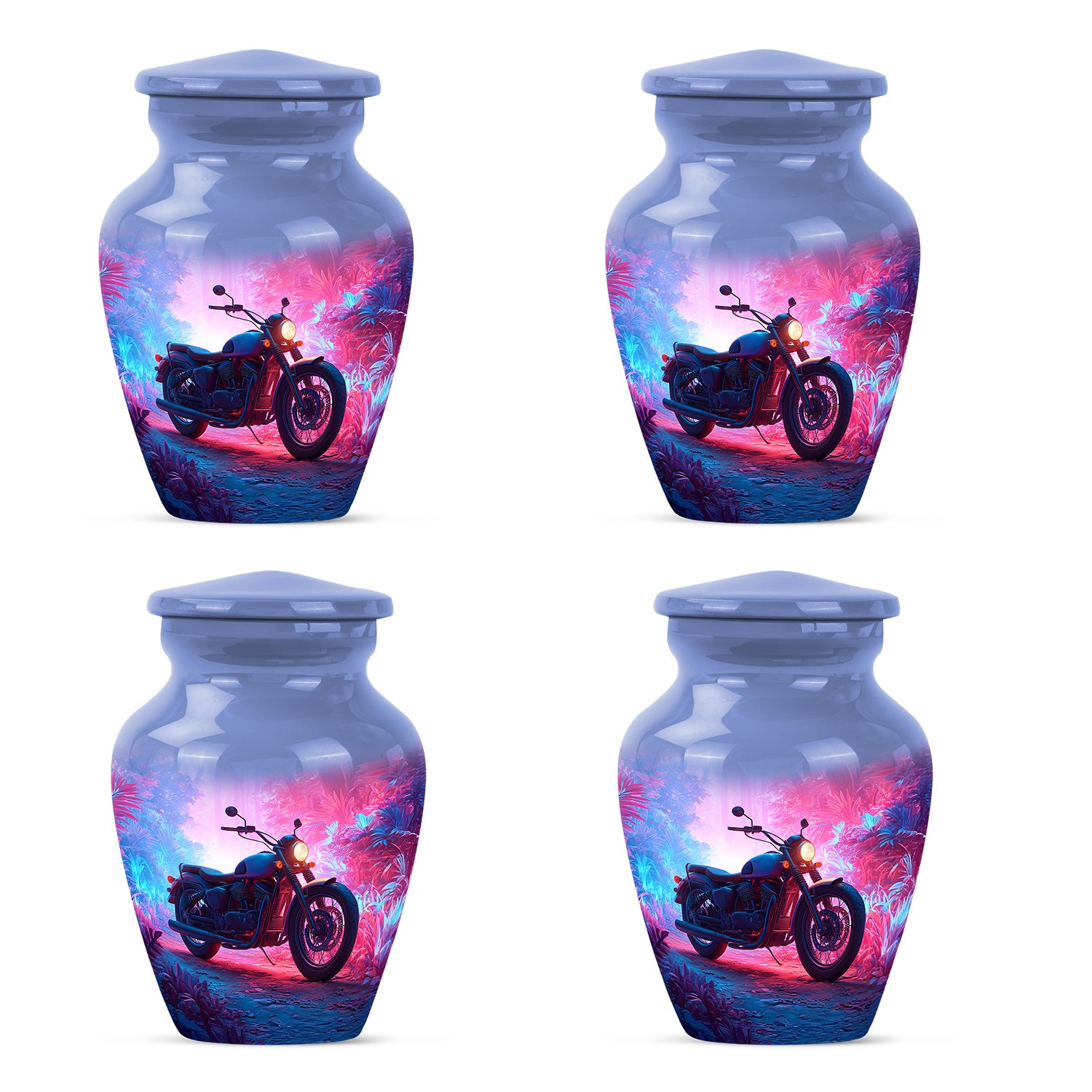 Vivid Blue Bike Cremation Urn side profile showing urn shape - elegant classic bike relief with fine detailing - 10 inch aluminum urn for cremated remains